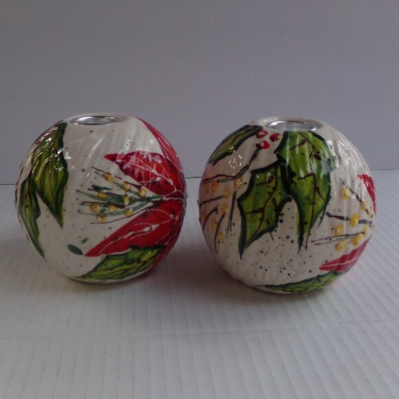 Vintage Christmas Bella Casa Ganz Ceramic Taper Candle Holders Poinsettia Shiny - Picture 8 of 15
